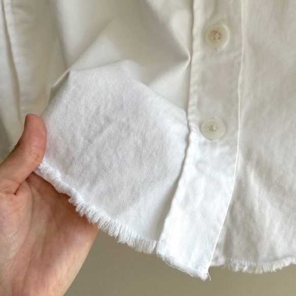 Democracy White Denim Button Down Shirt Jacket w/ Raw Hem & Pockets, Size Small - Picture 9 of 16